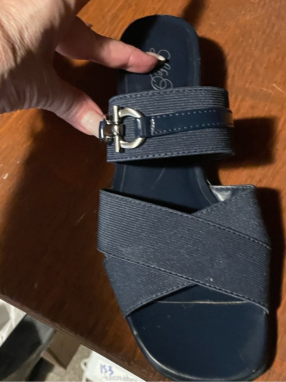 Navy Slide Sandals with Silver Buckle